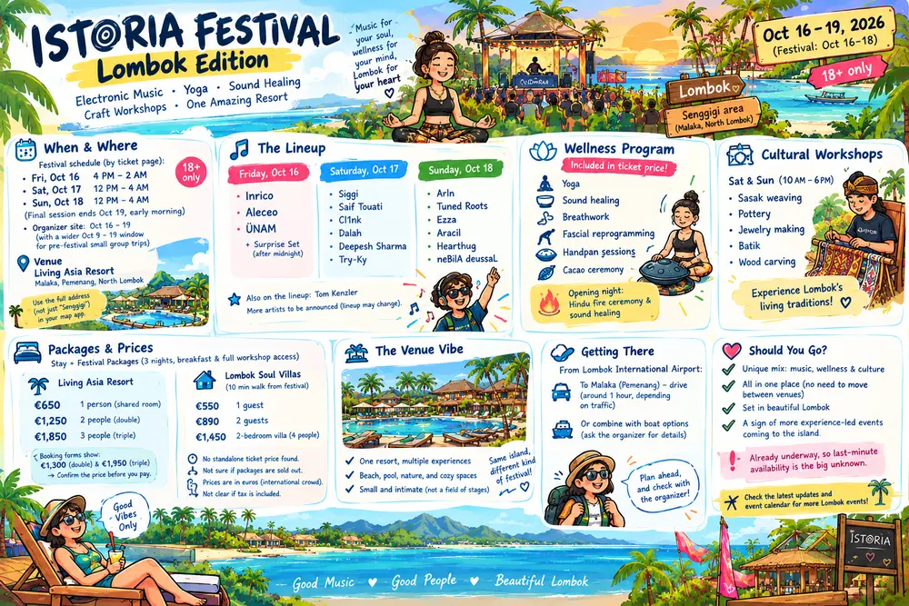 Illustrated poster for Istoria Festival Lombok showing the lineup, wellness program and packages at Living Asia Resort