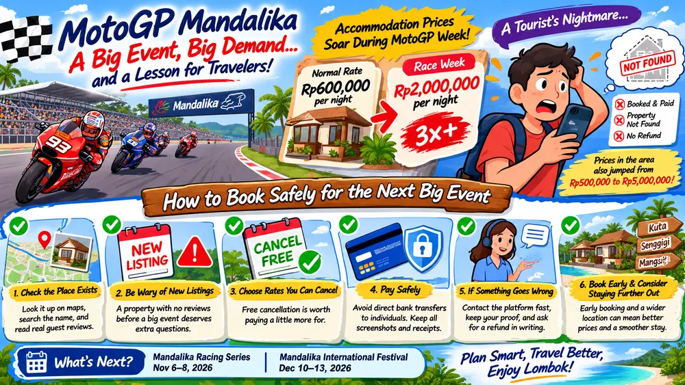 Illustrated guide to Lombok event accommodation, with MotoGP race week prices and tips for booking safely