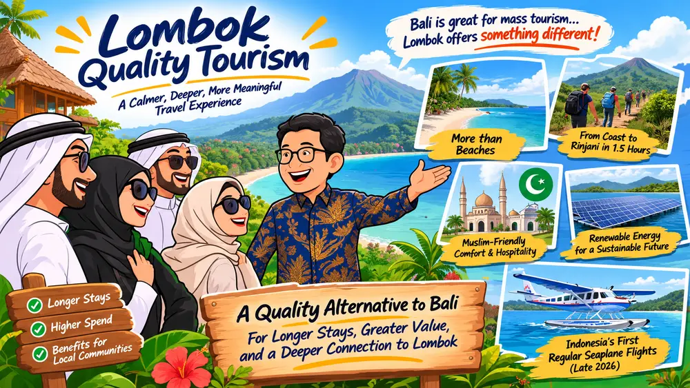 Lombok Wants Gulf Travelers, and It Is Pitching Quality Over Crowds 1 Cartoon of a Lombok guide showing visitors from the UAE around the island, illustrating Lombok quality tourism for Gulf travelers