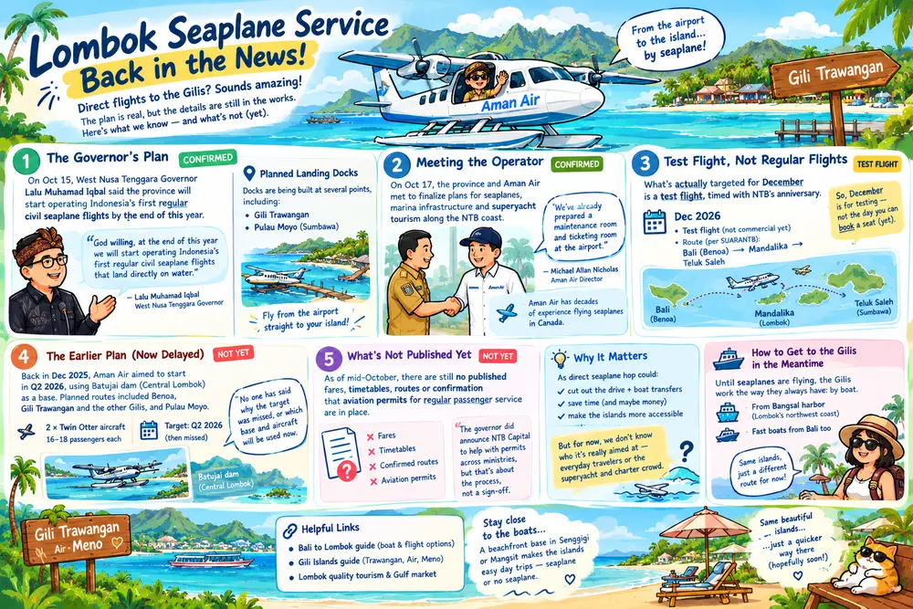 Illustrated infographic about the Lombok seaplane plan, with an Aman Air seaplane landing off Gili Trawangan