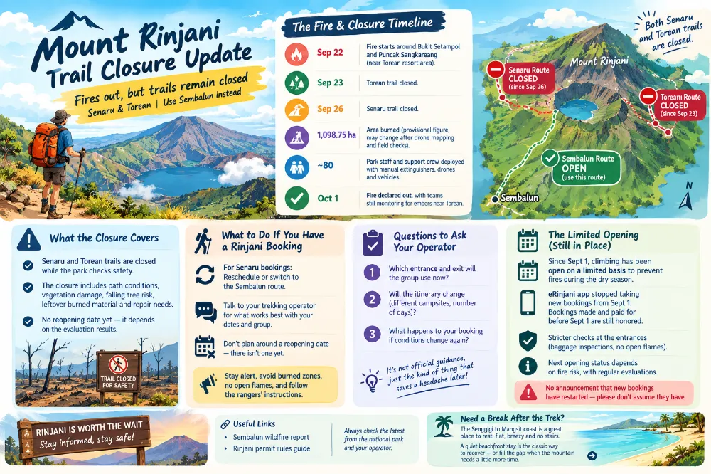Illustrated map and timeline of the Rinjani trail closure after the September fire near Torean and Senaru
